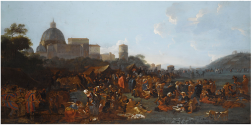 Figures Feasting at a Fair in Prati, Outside the Walls of Rome, with the Saint Peter's Basilica and , 1650, Jan Miel