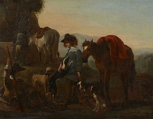 Landscape with hunters resting, 1650, Jan Miel