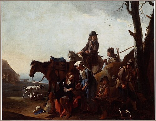 Landscape with hunters resting (the hunter seated in the middle is a woman dressed in men's clothes), 1638, Jan Miel