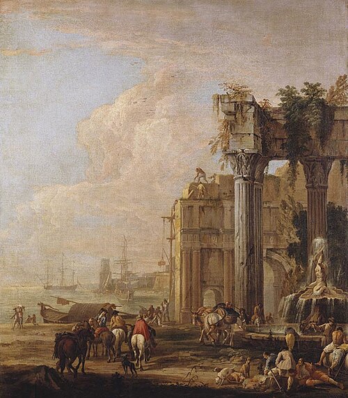 A Seaport with a Fountain and Ruins, 1705, Jan Miel