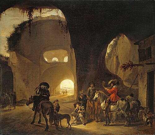 Falcon hunters in front of an inn in a ruin, 1650, Jan Miel