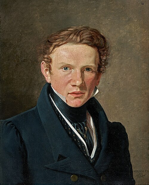 The painter's self-portrait in white shirt and blue collar, blue waistcoat, and jacket with gold but, 1826, Wilhelm Ferdinand Bendz
