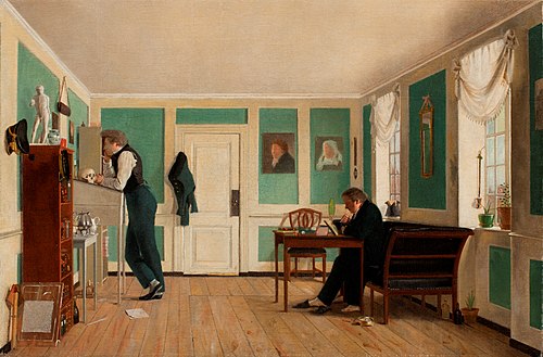 Intérieur de Amaliegade. Capitaine Carl Ludvig Bendz debout et Dr Jacob Christian Bendz assis, 1829, Wilhelm Ferdinand Bendz