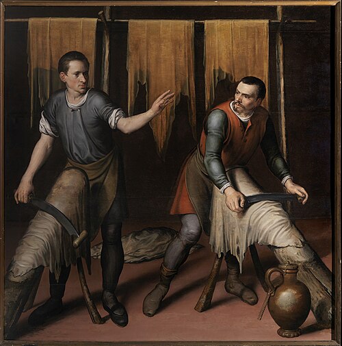De doop van Sint Eustachius en zijn vrouw (middenstuk Hubertus-altaarstuk) / Sint Crispinus en Sint , 1554, Pieter Pourbus