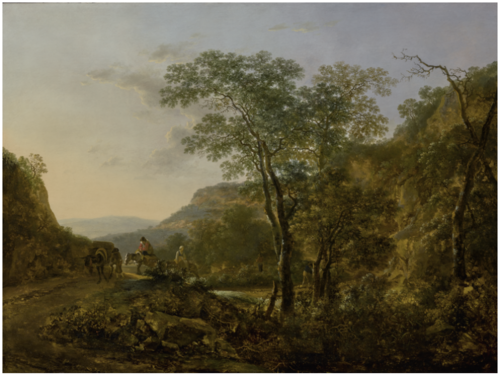 A hilly landscape with a fisherman and herdsman, 1650, Jan Both