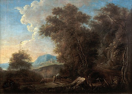 Rocky landscape with passengers and footbridge, 1641, Jan Both