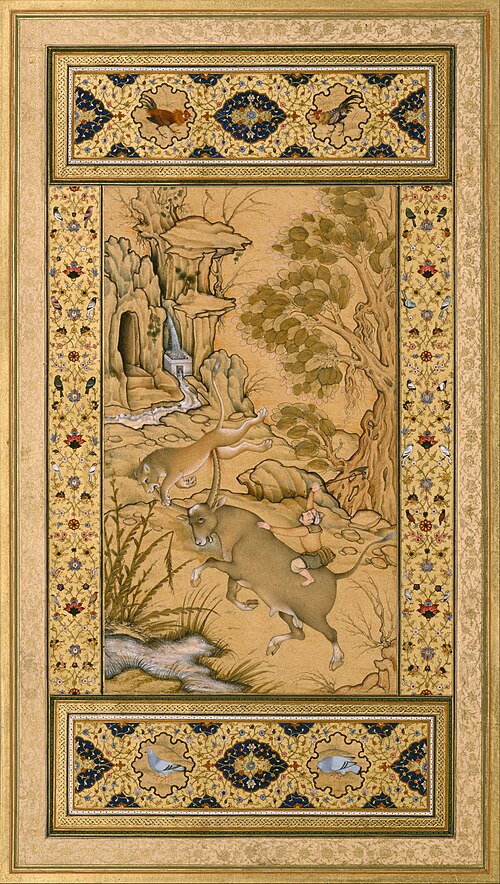 Leaf from the Muraqqa Gulshan- A Buffalo Fighting a Lioness (recto) Calligraphy (verso), 1550, Farrukh Chela