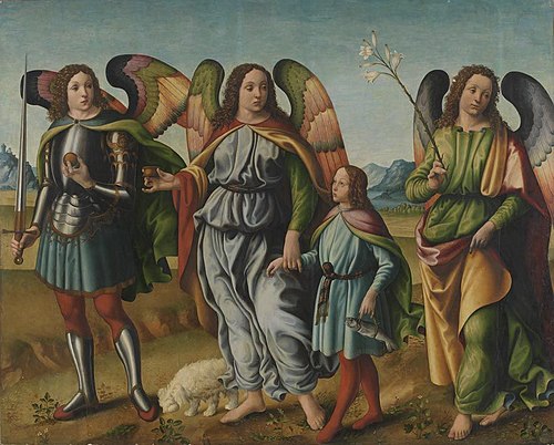 The three archangels with the little Tobias, 1491, Francesco Botticini