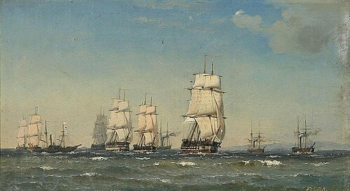 Danish man-o-war in formation, 1850, Carl Frederik Sørensen