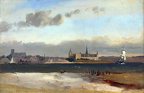 Vue de Helsingør et Kronborg depuis la plage au sud de la ville, 1851, Carl Frederik Sørensen