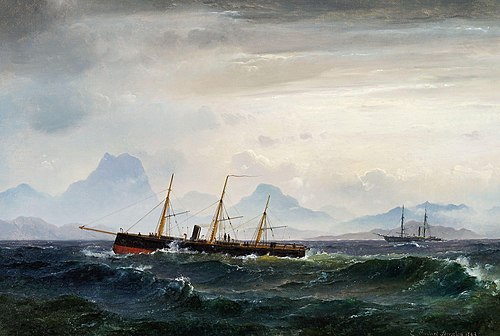 Seascape with steam- and sailing ships, 1863, Carl Frederik Sørensen