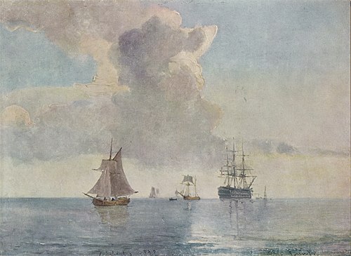 A ship of the line anchored and surrounded by smaller vessels, 1878, Carl Frederik Sørensen