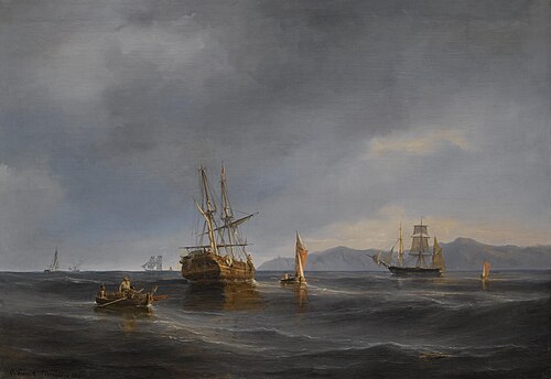 Shipping in a calm off a headland, 1864, Carl Frederik Sørensen