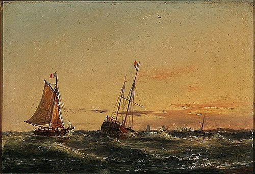 French sailing ships in the sunset., , Carl Frederik Sørensen