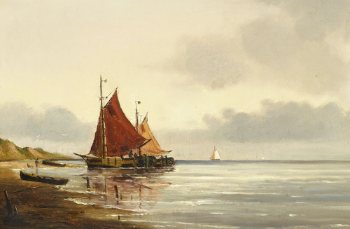 Fishing boats at the shore., 1876, Carl Frederik Sørensen