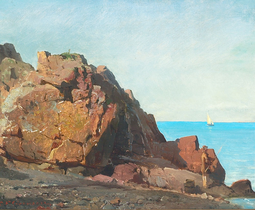An angler on a rocky shore., 1836, Carl Frederik Sørensen