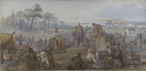 After the Battle of Fyrisvall. Proposed Decoration of the Walls in the Upper Hall of the NM, 1850, Mårten Eskil Winge