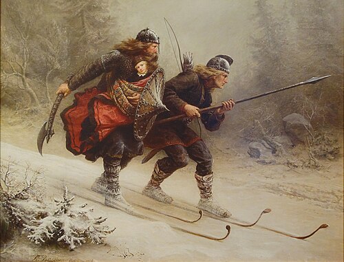 Skiing Birchlegs Crossing the Mountain with the Royal Child, 1869, Knud Bergslien