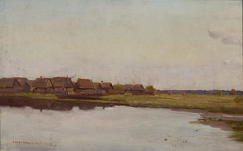 Village at waterside, 1913, Józef Chełmoński