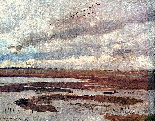 Cranes, landscape from meadow, 1905, Józef Chełmoński
