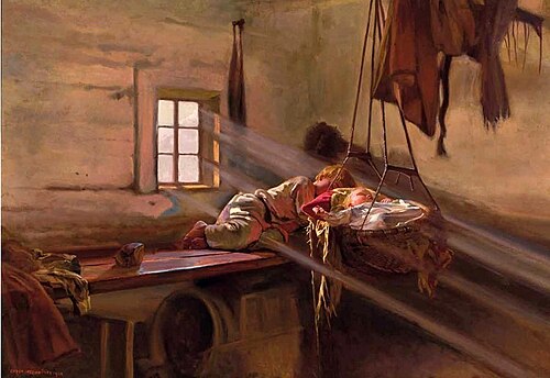 Wnętrze chaty na Polesiu, 1909, Józef Chełmoński