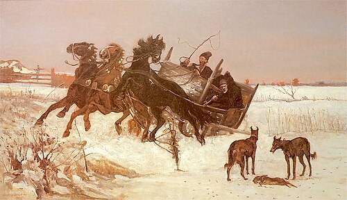 Trójka na śniegu – polowanie z chartami za zające, 1875, Józef Chełmoński