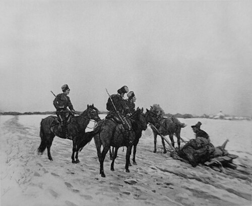 Kozacki patrol rozpytujący chłopa, 1882, Józef Chełmoński