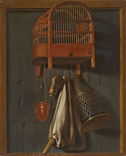 Trompe l'oeil jachtstilleven met vogelkooi, 1663, Anthonie Leemans