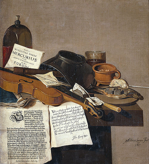 Still life with a copy of De Waere Mercurius, a broadsheet with the news of Tromp's victory over thr, 1655, Anthonie Leemans