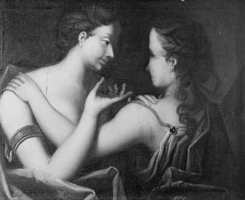 Tvende fruentimmere, halve figurer, conversere, 1686, Jacques d'Agar