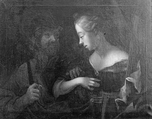 Et ungt fruentimmer i blå kjole, samtaler med en gammel mand, 1686, Jacques d'Agar