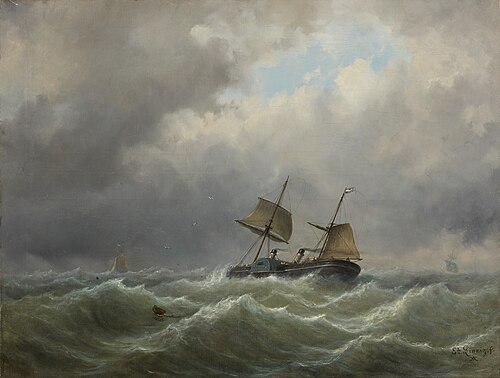 A paddle wheel steamer with auxiliary sail power on a stormy sea, 1850, Egidius Linnig