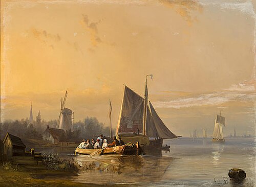 A river scene at dusk, 1849, Egide Linnig