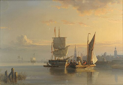 European harbor scene with two ships, 1851, Egide Linnig