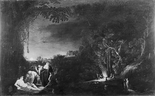 Måneskinslandskab med mytologisk (?) motiv, 1625, Moses van Uyttenbroeck