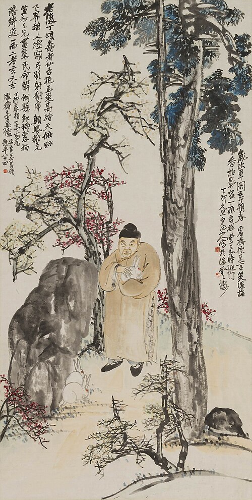 现代王震庞虚斋抱兔图轴, 1927, Wang Zhen