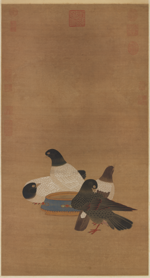 明宣宗畫金盆鵓鴿　軸, 1450, Ming Xuanzong