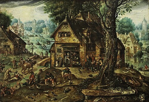View of the village with numerous people, 1576, Hans Bol
